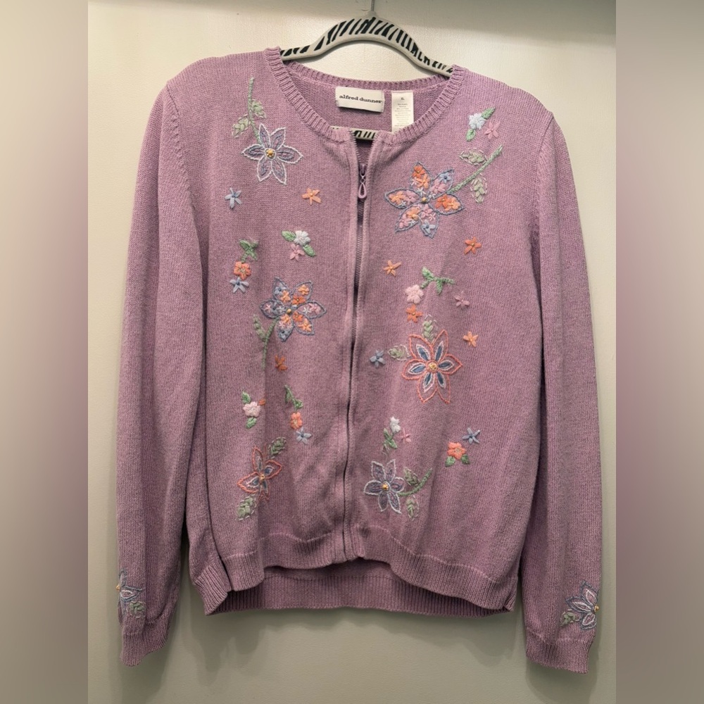 Vtg Alfred Dunner Lilac Purple Floral Cardigan Sweater Cottagecore Grandma  XL